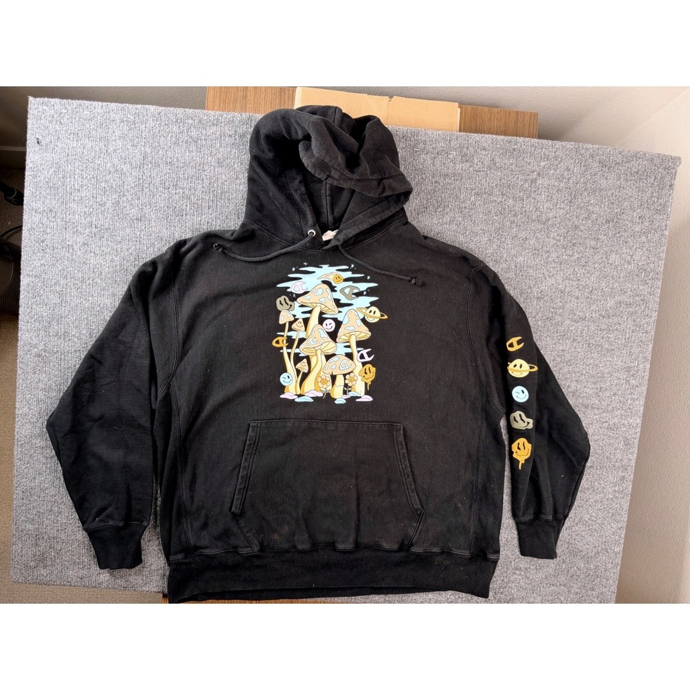 Champion Reverse Weave Hoodie 2XL Black Mushroom Smiley Graphic Sweatshirt Y2K